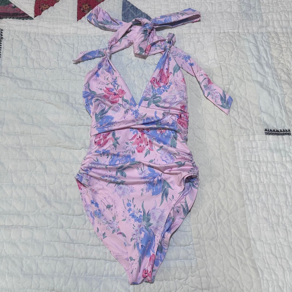 LoveShackFancy One Piece Swimsuit Pink Floral‎ Ruched Halter Small